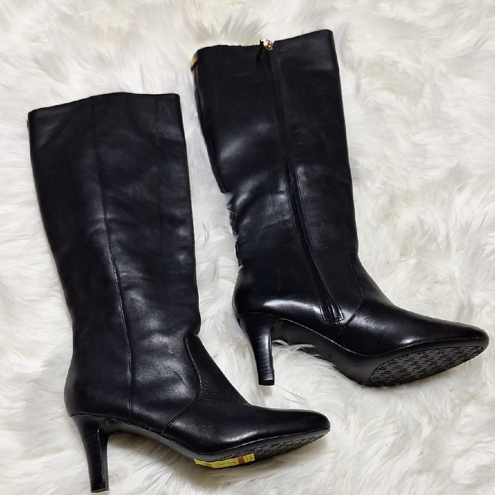 NWT Ralph Lauren Black Heeled Leather Boots, Size 8.5